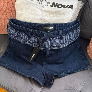 Fashion Nova Dark Blue Jean Shorts with Ruffle Detail